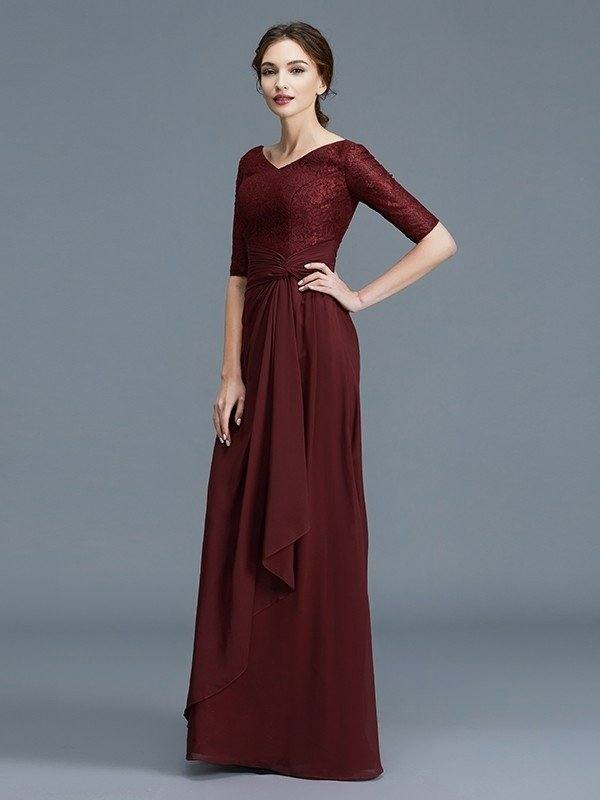 A-Line/Princess V-neck 1/2 Sleeves Ruffles Chiffon Floor-Length Mother of the Bride Dresses - RongMoon