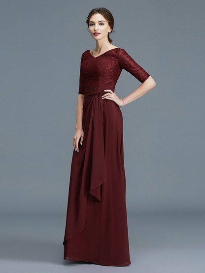 A-Line/Princess V-neck 1/2 Sleeves Ruffles Chiffon Floor-Length Mother of the Bride Dresses - RongMoon