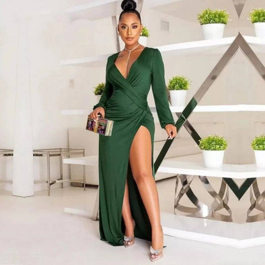 Green Evening Dresses Sheath V-neck Long Sleeves Slit Long Turkey Dubai Saudi Arabic Evening Gown Prom Dresses - RongMoon