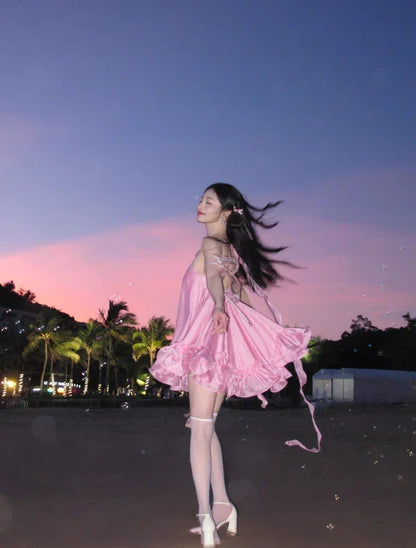 Cute Pink Ruffle Short A-Line Satin Party Dress Cocktail Dress Homecoming Dress HZ1024