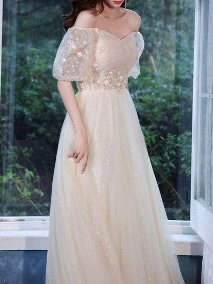 A-Line Elegant Engagement Prom Dress Off Shoulder Short Sleeve Floor Length Tulle with Appliques - RongMoon