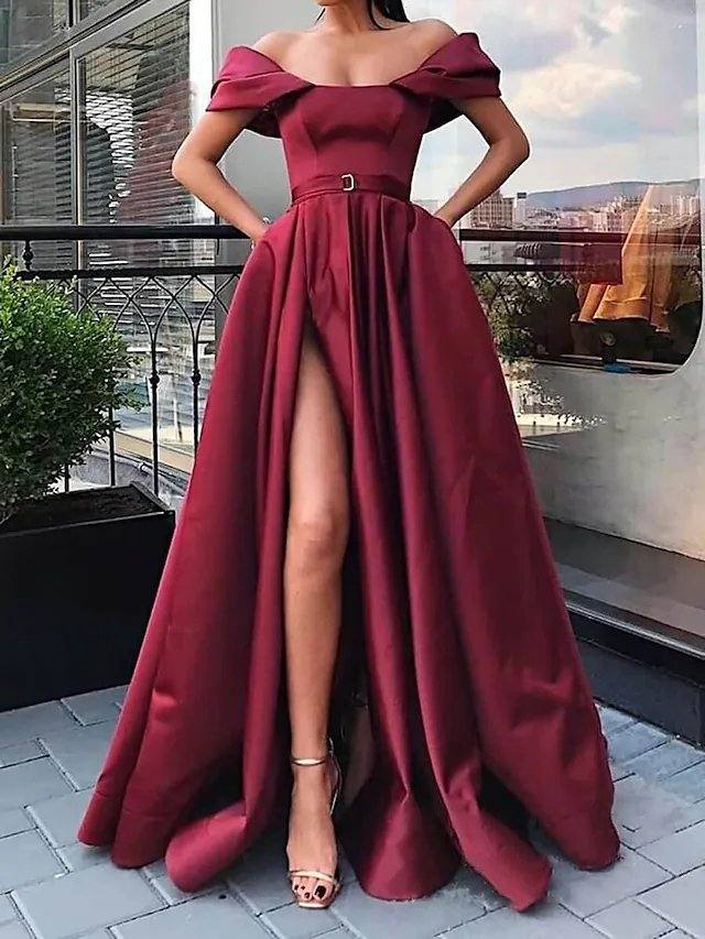 A-Line Elegant Sexy Wedding Guest Prom Dress Off Shoulder Short Sleeve Floor Length Satin with Pleats Split - RongMoon