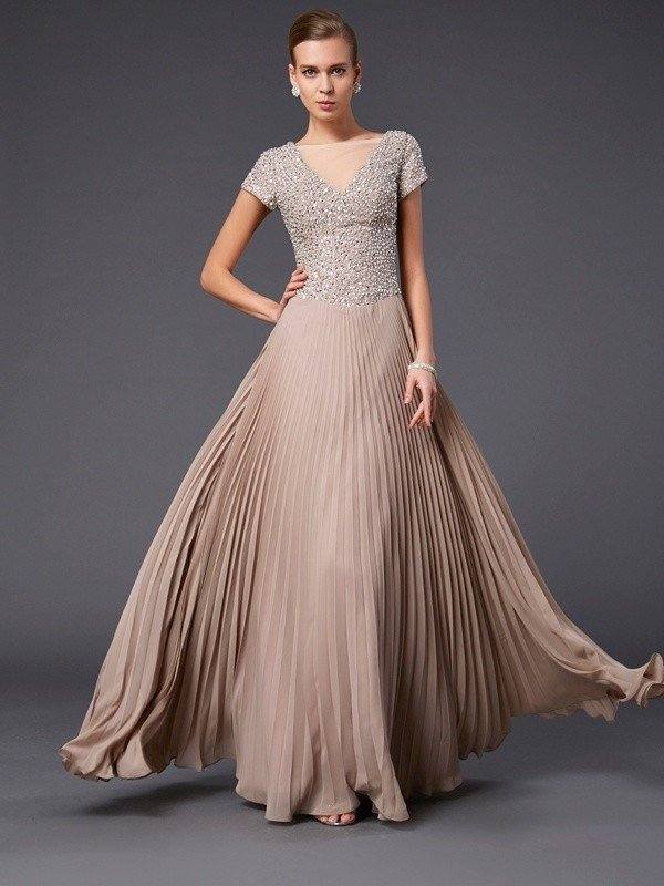 A-Line/Princess V-neck Short Sleeves Beading Long Chiffon Mother of the Bride Dresses - RongMoon