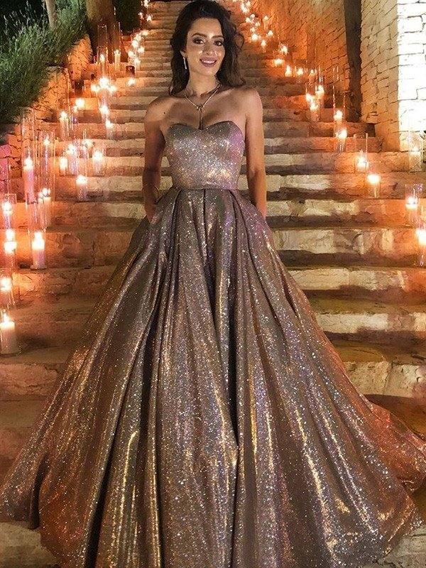 Ball Gown Ruffles Sleeveless Sequins Sweep/Brush Train Sweetheart Dresses - RongMoon