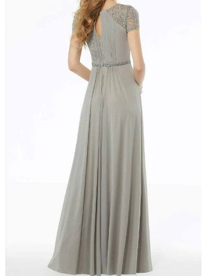 A-Line Mother of the Bride Dress Elegant V Neck Floor Length Chiffon Lace Short Sleeve with Lace Beading - RongMoon