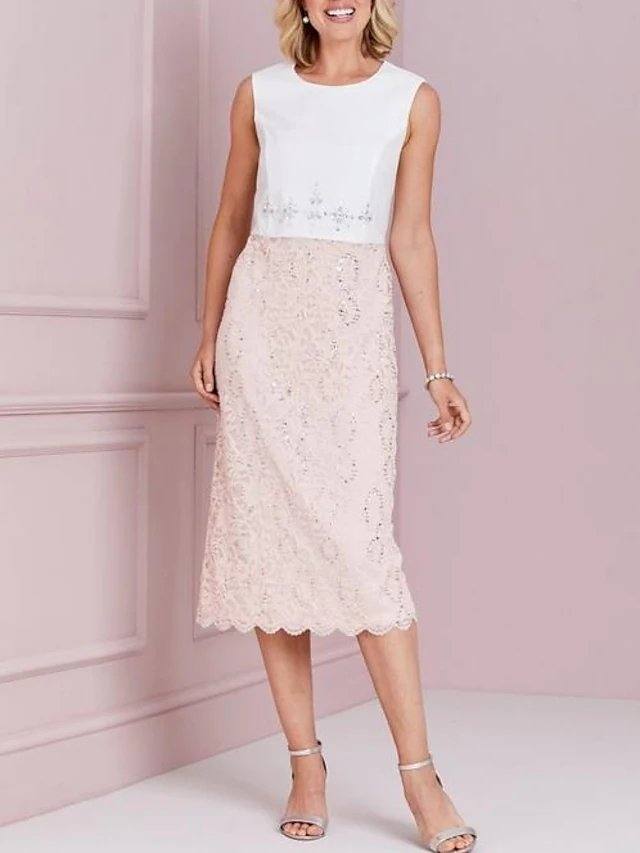 Sheath / Column Mother of the Bride Dress Elegant Jewel Neck Tea Length Lace Stretch Satin 3/4 Length Sleeve with Lace Beading Appliques - RongMoon