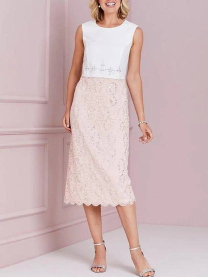 Sheath / Column Mother of the Bride Dress Elegant Jewel Neck Tea Length Lace Stretch Satin 3/4 Length Sleeve with Lace Beading Appliques - RongMoon