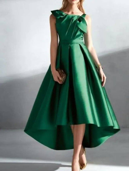 A-Line Elegant Vintage Wedding Guest Prom Dress Jewel Neck Sleeveless Asymmetrical Satin with Pleats - RongMoon