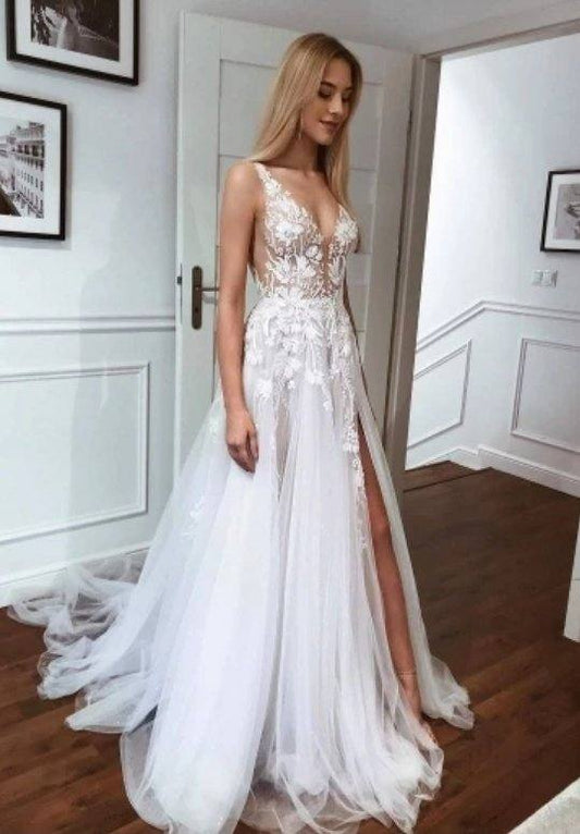 Backless Beach Wedding Dresses A-line V-neck Tulle Appliques Lace Slit Boho Wedding Gown Bridal Dress Vestido De Noiva - RongMoon
