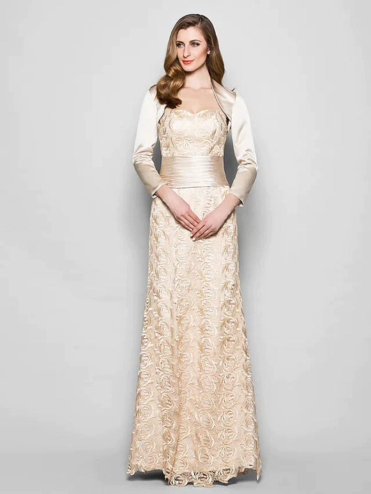 Mother of the Bride Dress Wrap Included Sweetheart Neckline Floor Length Lace Satin 3/4 Length Sleeve with Sash Ribbon Ruched