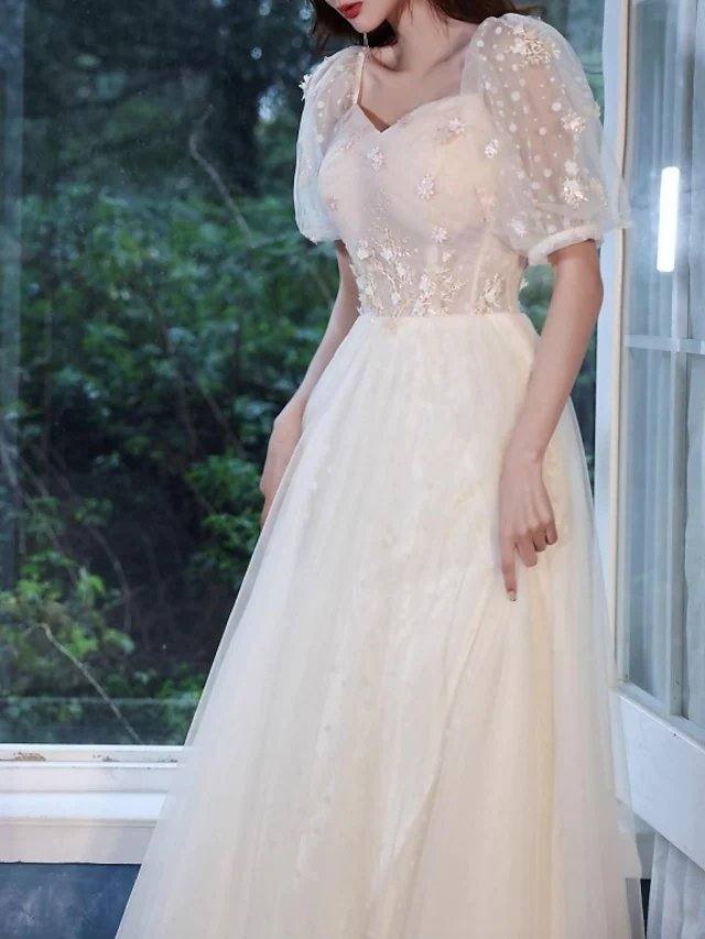 A-Line Elegant Engagement Prom Dress Off Shoulder Short Sleeve Floor Length Tulle with Appliques - RongMoon