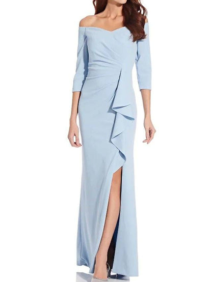 Sheath / Column Mother of the Bride Dress Elegant Off Shoulder Floor Length Satin 3/4 Length Sleeve with Split Front Ruching - RongMoon