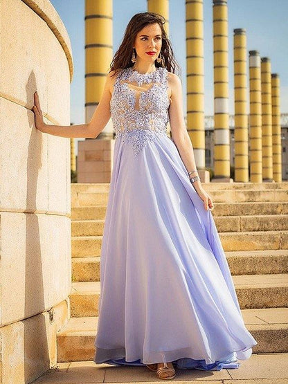 A-Line/Princess Sleeveless Applique Chiffon Scoop Sweep/Brush Train Dresses - RongMoon