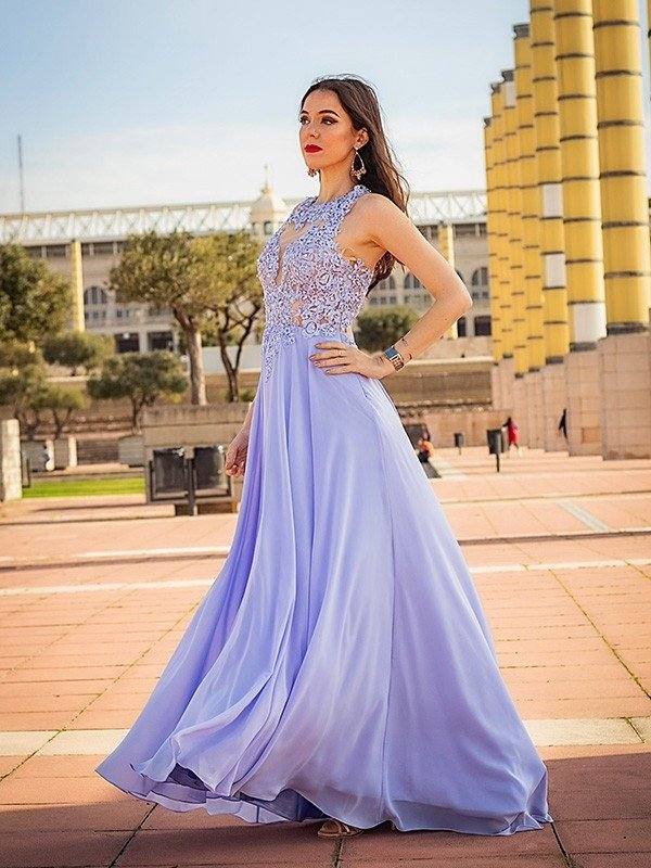 A-Line/Princess Sleeveless Applique Chiffon Scoop Sweep/Brush Train Dresses - RongMoon