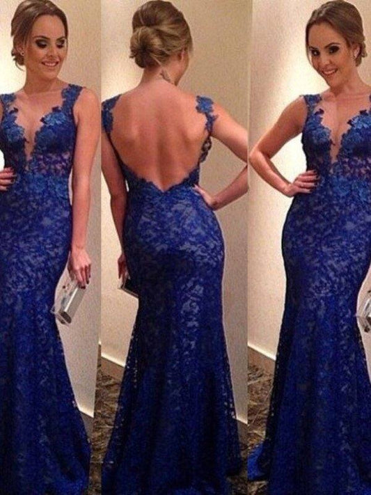 Trumpet/Mermaid V-neck Sleeveless Applique Sweep/Brush Train Lace Dresses - RongMoon
