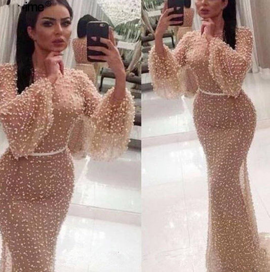 Luxurious Muslim Evening Dresses Mermaid Long Sleeves Tulle Pearls Islamic Dubai Saudi Arabic Long Formal Evening Gown - RongMoon