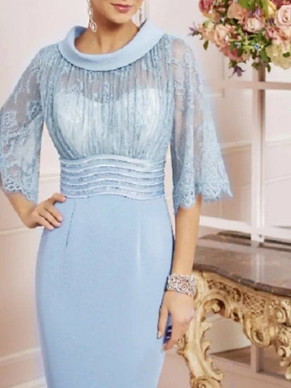 Sheath / Column Mother of the Bride Dress See Through Jewel Neck Knee Length Charmeuse Half Sleeve with Lace Sash / Ribbon - RongMoon