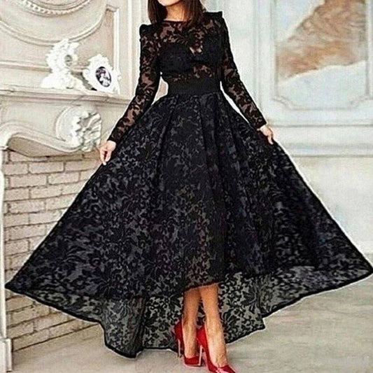 Black Muslim Evening Dresses A-line Long Sleeves Lace Hi Low Tea Length Islamic Dubai Saudi Arabic Long Formal Evening Gown - RongMoon