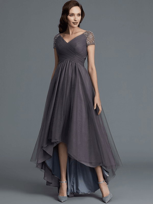 A-Line/Princess V-neck Short Sleeves Asymmetrical Tulle Mother of the Bride Dresses - RongMoon