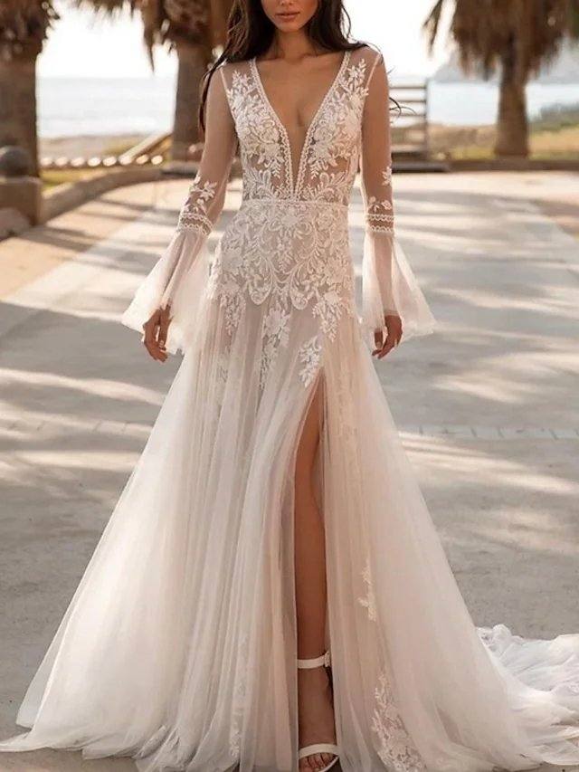 A-Line Wedding Dresses V Neck Sweep / Brush Train Lace Tulle Long Sleeve Beach Sexy Luxurious with Appliques - RongMoon