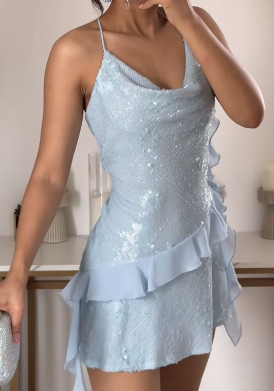 Gorgeous Blue Sequins Chiffon Homecoming Dress,Halter Sheath Cocktail Dress cc2689