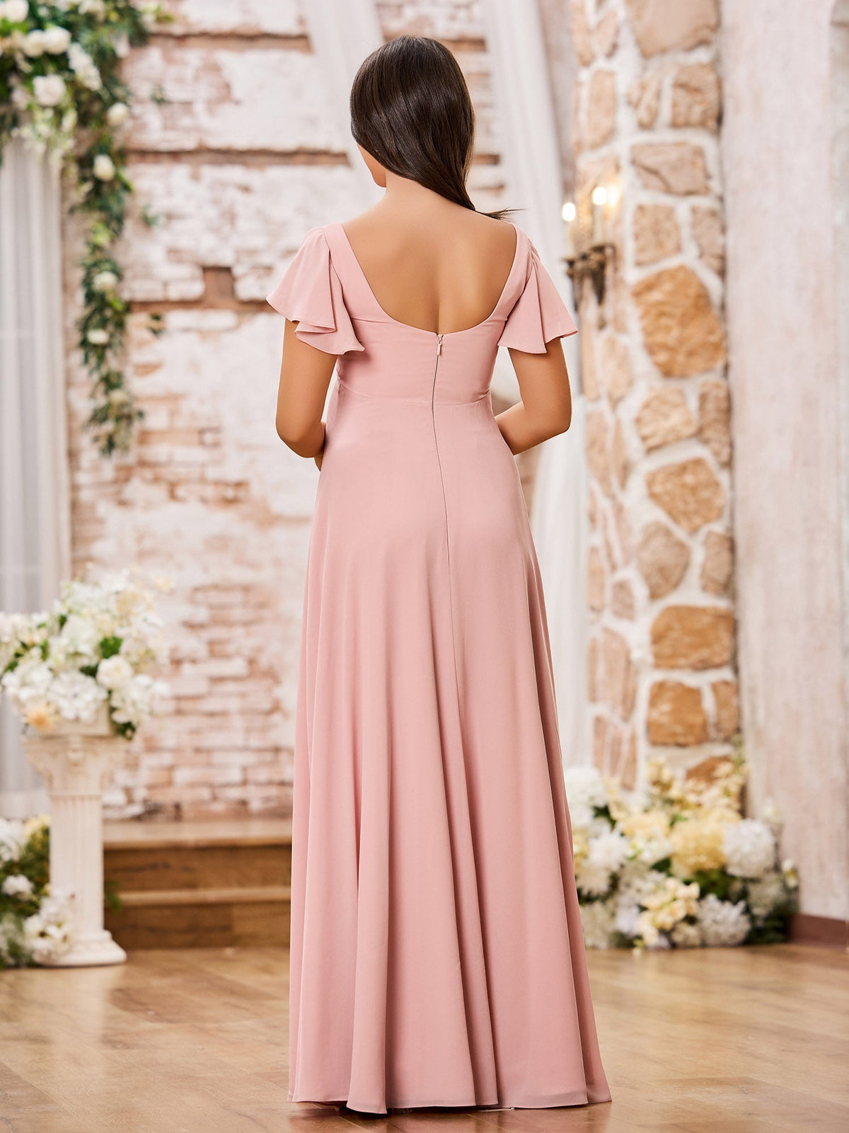 Square Neck Fluttering Sleeve Chiffon Long Dresses Dusty Rose