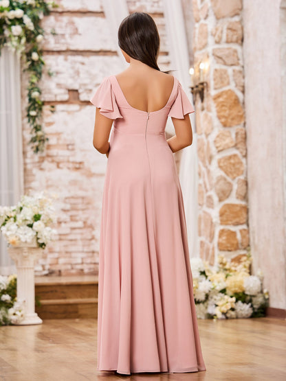 Square Neck Fluttering Sleeve Chiffon Long Dresses Dusty Rose