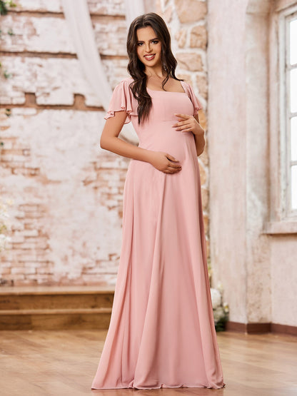Square Neck Fluttering Sleeve Chiffon Long Dresses Dusty Rose