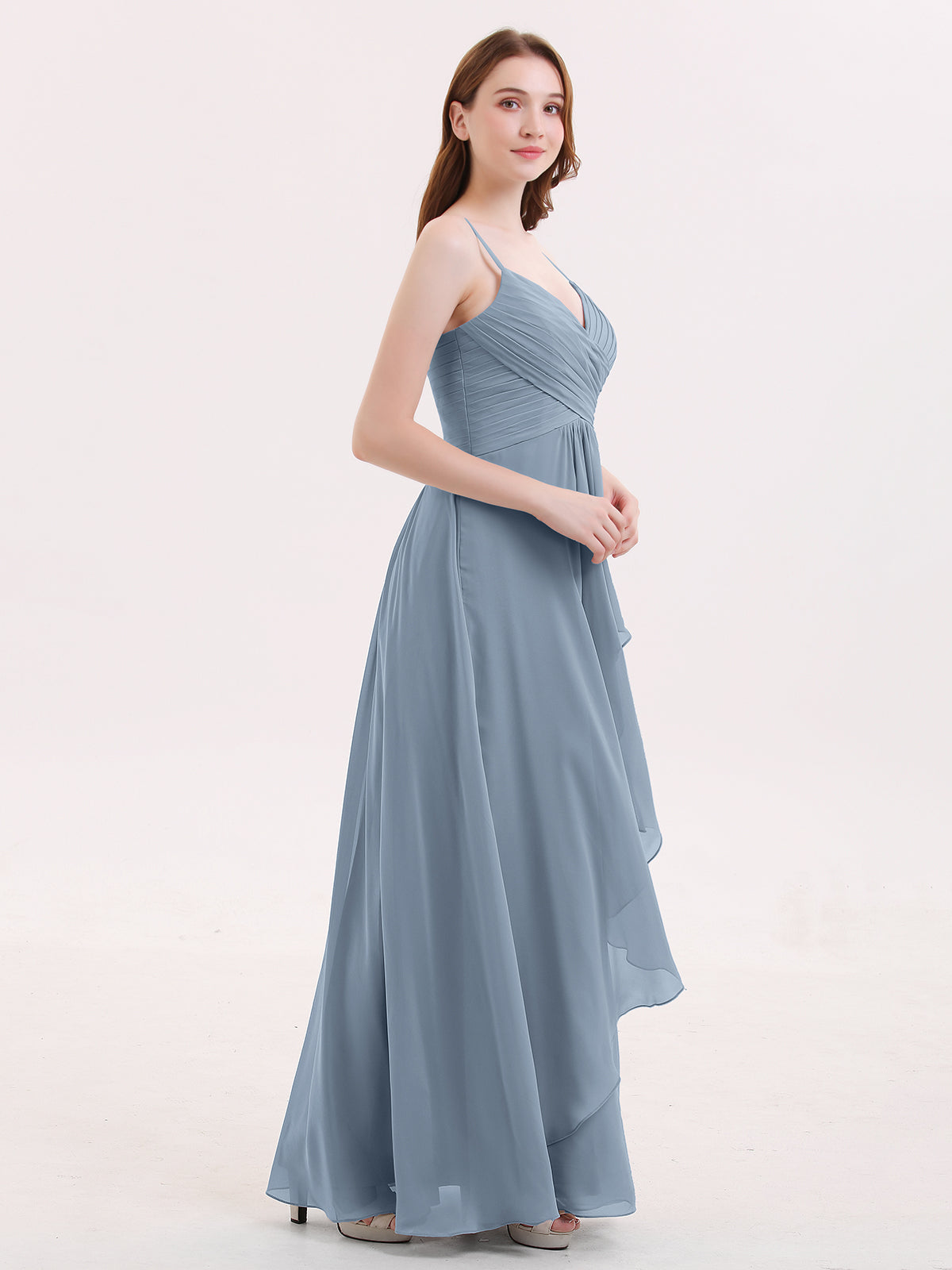 Chiffon Bridesmaid Dresses with Cascade Skirt-Dusty Blue