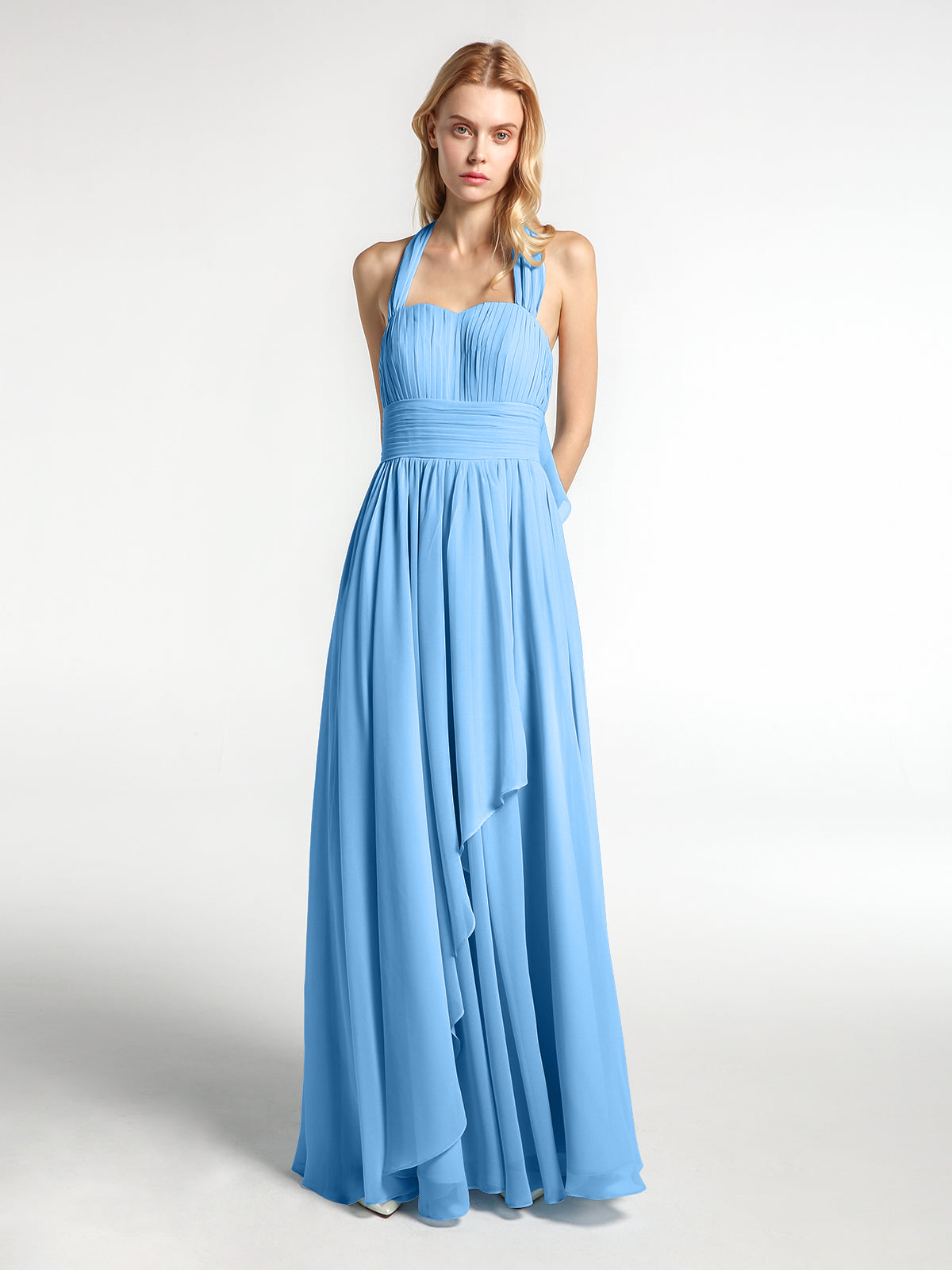 Halter Chiffon Dresses with Cascade Skirt-Blue