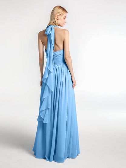 Halter Chiffon Dresses with Cascade Skirt-Blue