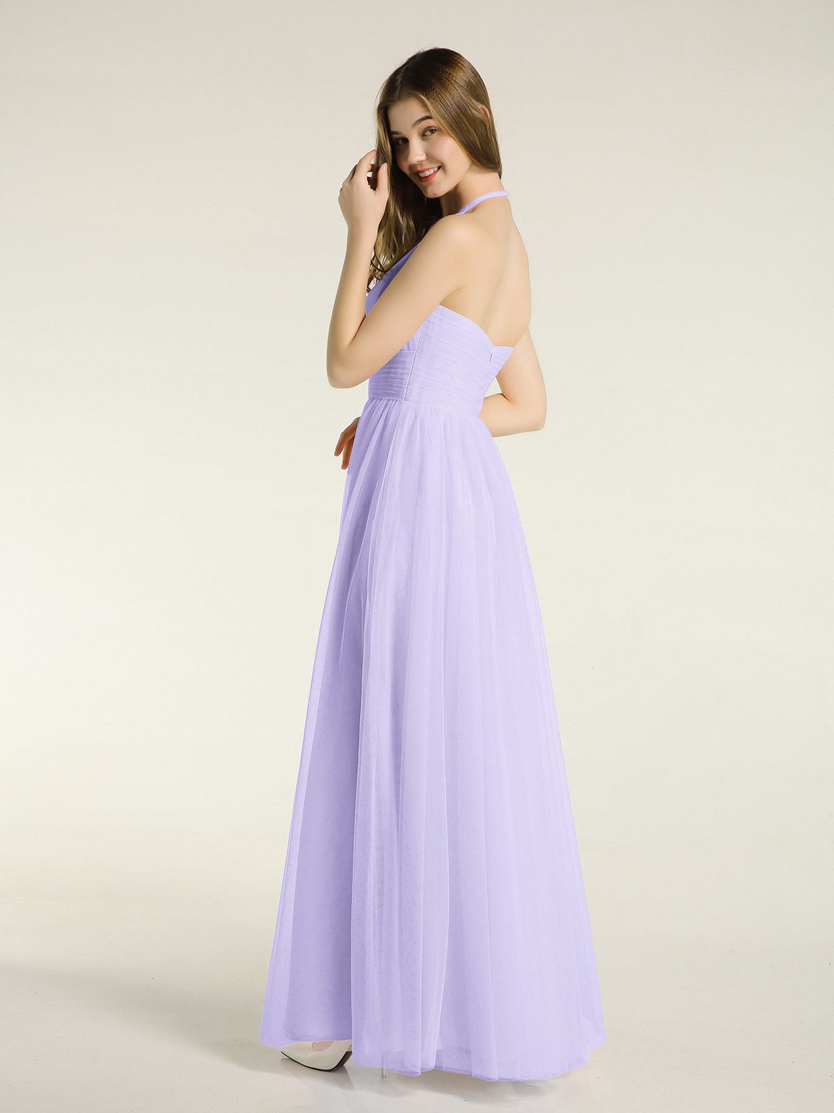Illusion Neck Corss Waist Tulle Dresses-Lilac