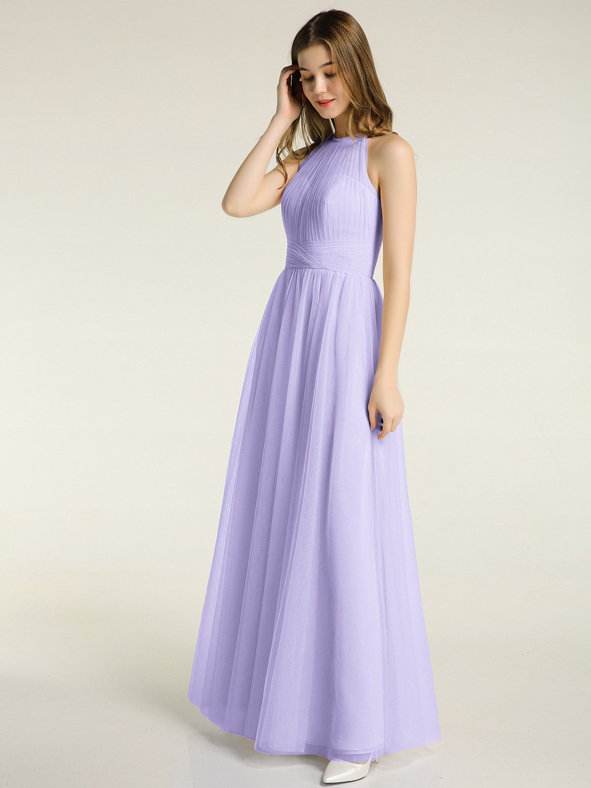 Illusion Neck Corss Waist Tulle Dresses-Lilac