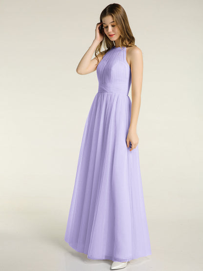 Illusion Neck Corss Waist Tulle Dresses-Lilac