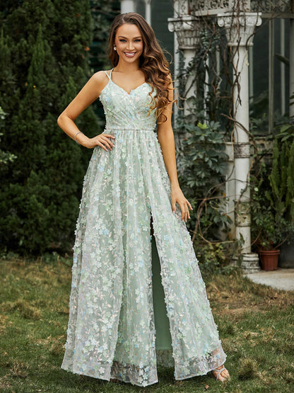 V-neck Appliqued Flowers Dress With Slit Dusty Sage