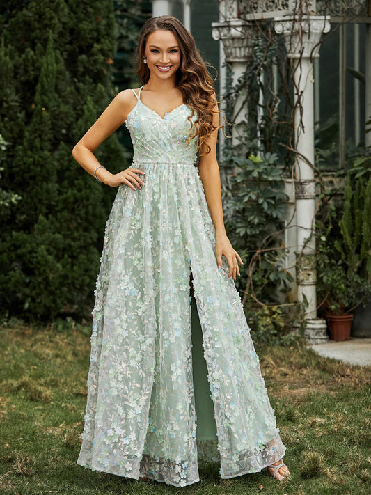 V-neck Appliqued Flowers Dress With Slit Dusty Sage