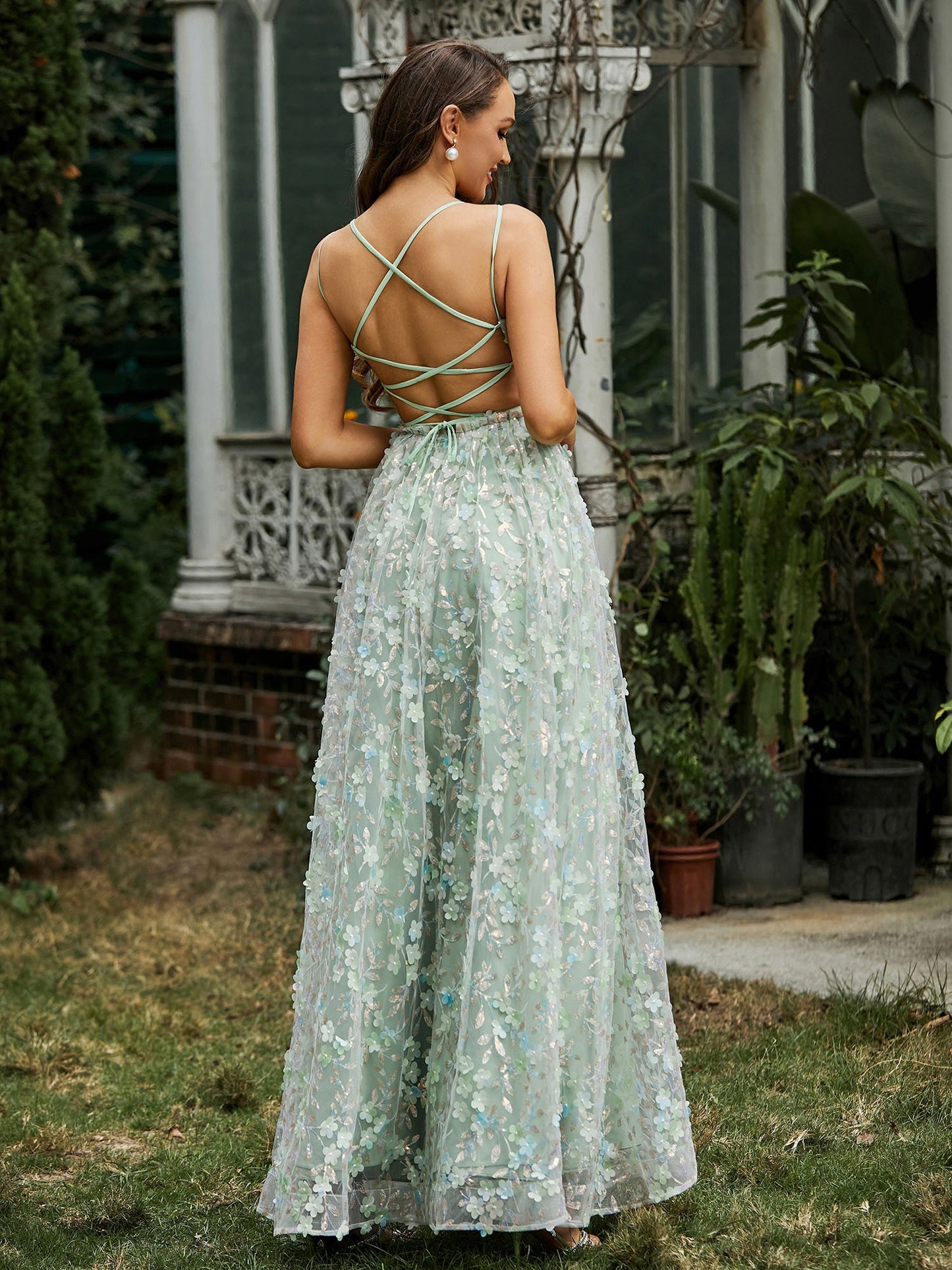 V-neck Appliqued Flowers Dress With Slit Dusty Sage