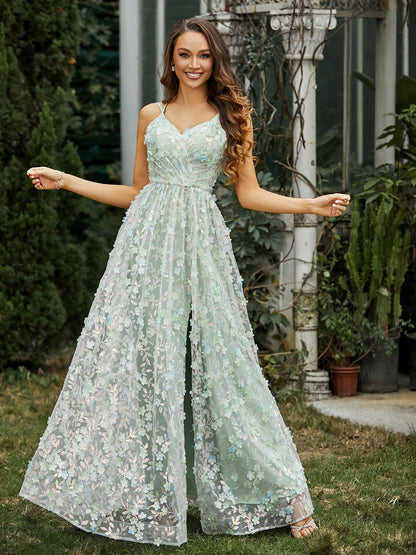 V-neck Appliqued Flowers Dress With Slit Dusty Sage