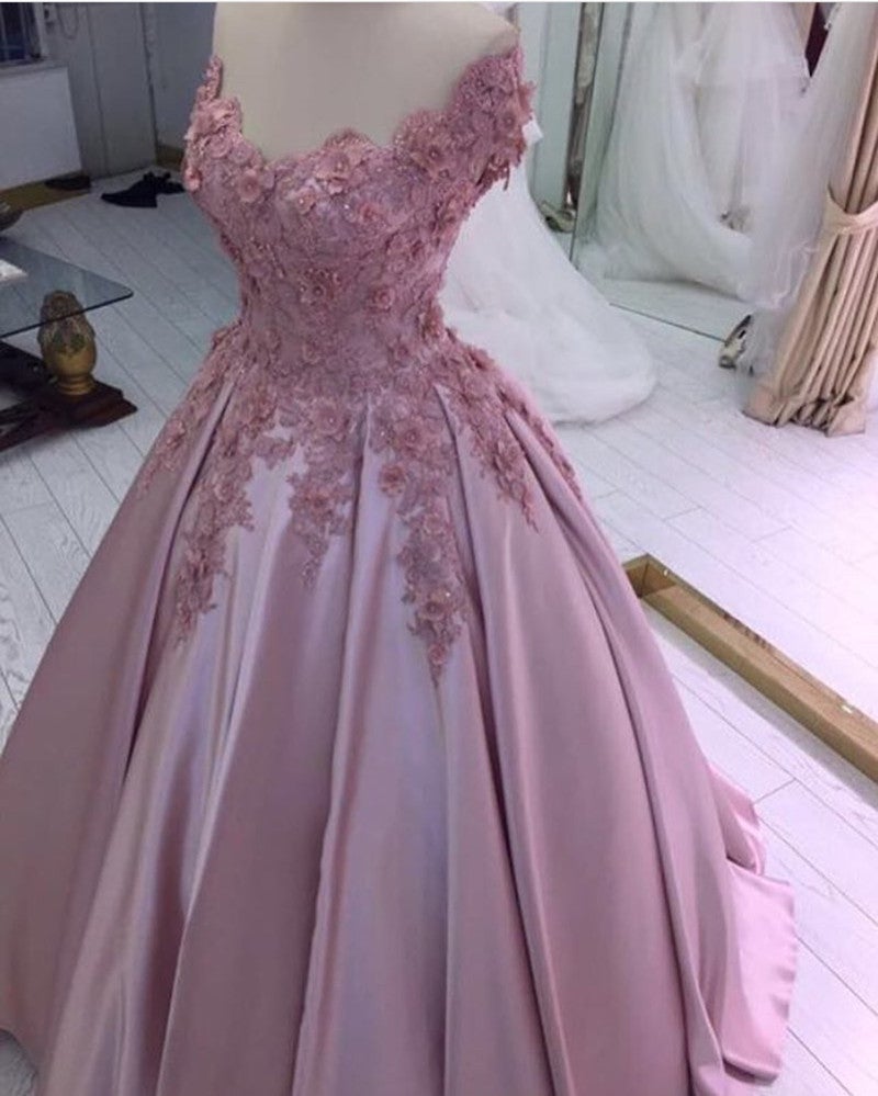 Off Shoulder Satin Ball Gown Lace Flowers Beaded Dress
