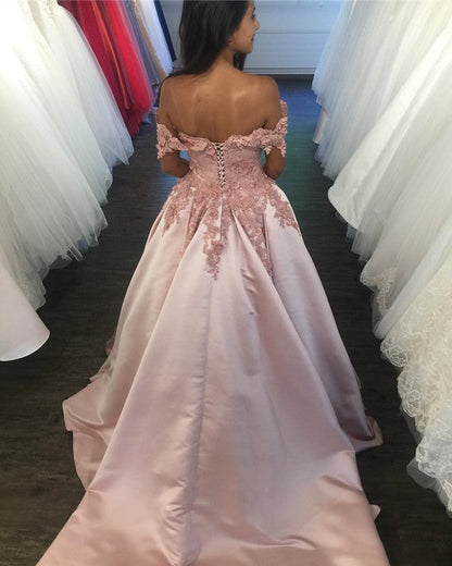 Off Shoulder Satin Ball Gown Lace Flowers Beaded Dress