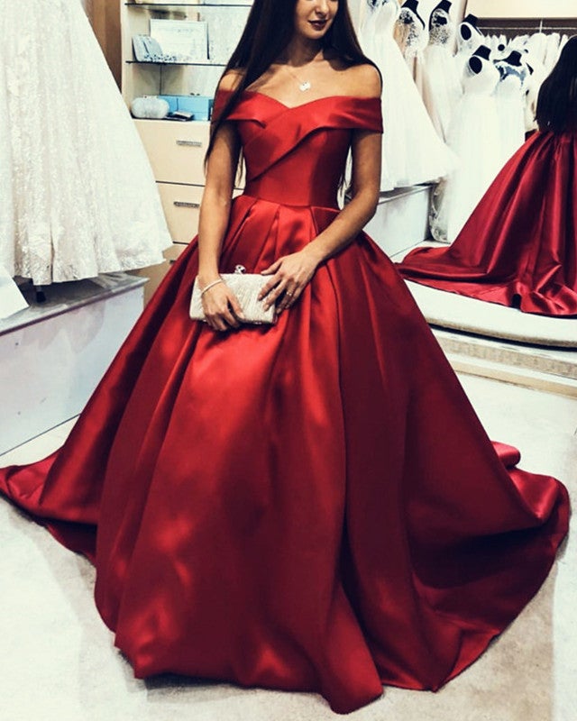 Off Shoulder Satin Ball Gowns Wedding Dresses