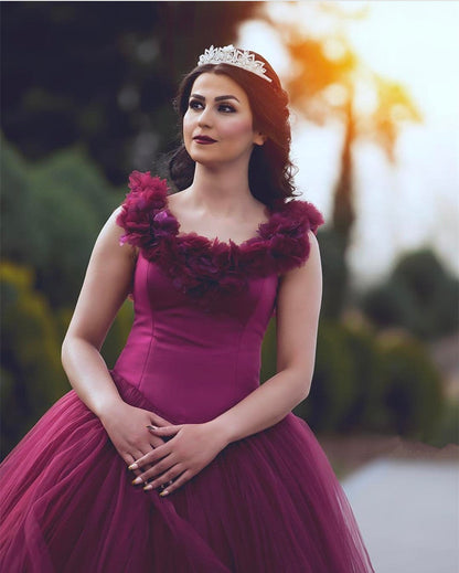 Off Shoulder Tulle Ball Gown Flower Wedding Dresses