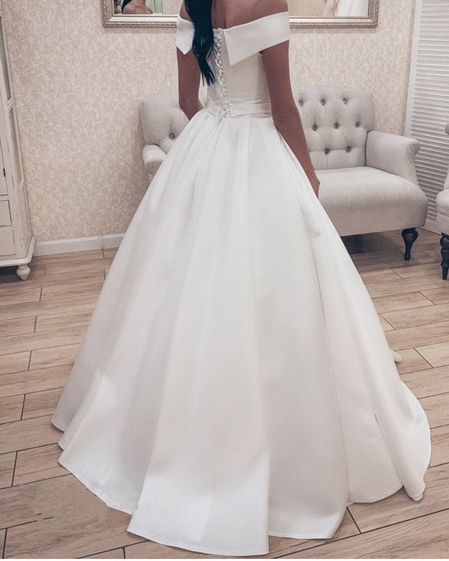 Off Shoulder V-neck Satin Wedding Ball Gown Dresses