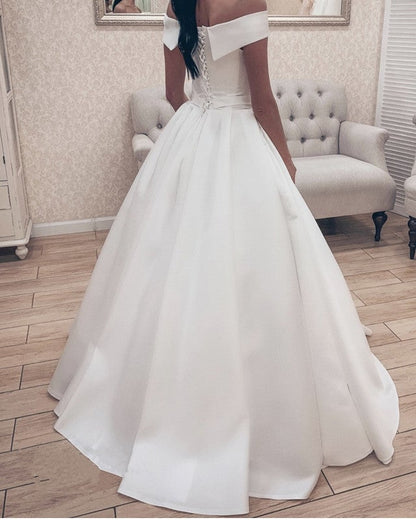 Off Shoulder V-neck Satin Wedding Ball Gown Dresses