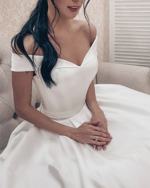 Off Shoulder V-neck Satin Wedding Ball Gown Dresses