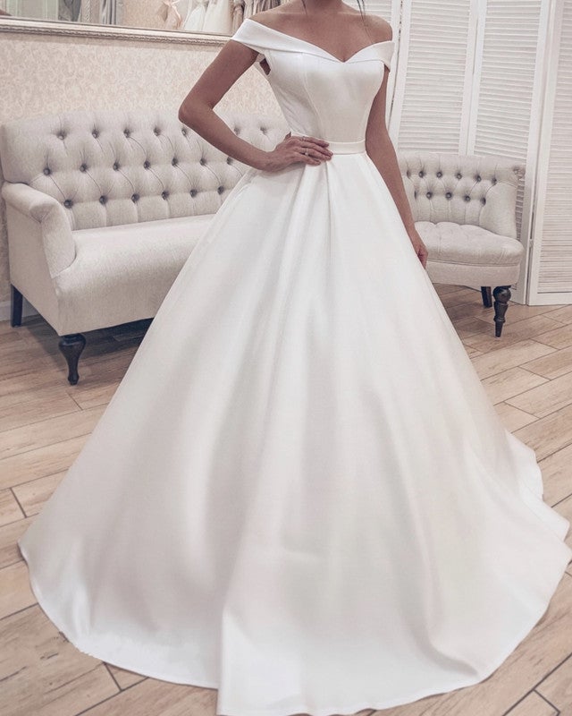 Off Shoulder V-neck Satin Wedding Ball Gown Dresses