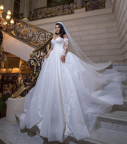 Off Shoulder V-neck Tulle Ball Gown Wedding Dress Lace Appliques