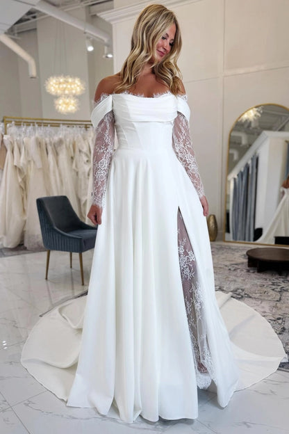 Off-the-Shoulder Satin Wedding Dress Aline Long Sleeves Lace Bridal Dress with Split