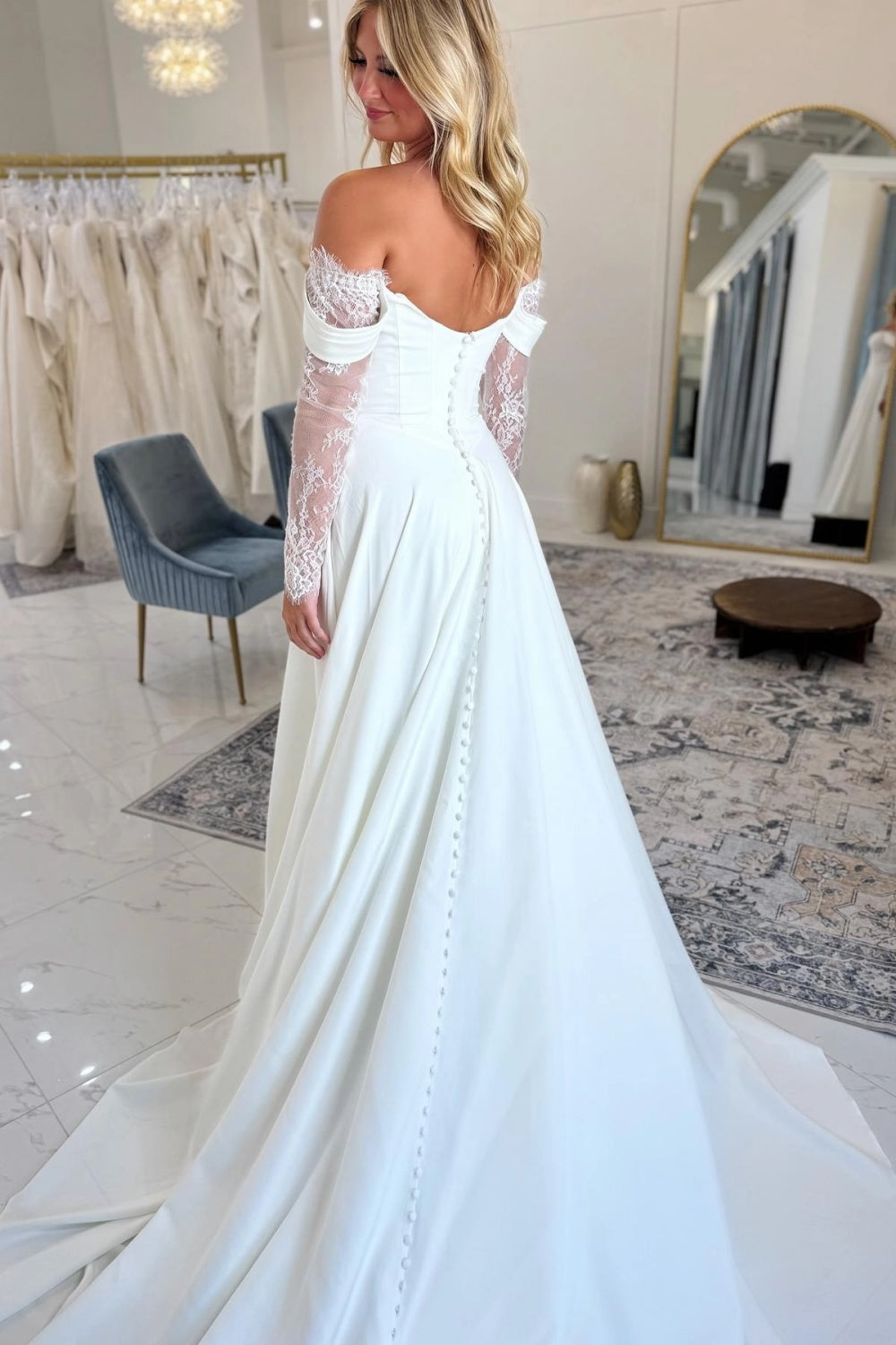 Off-the-Shoulder Satin Wedding Dress Aline Long Sleeves Lace Bridal Dress with Split