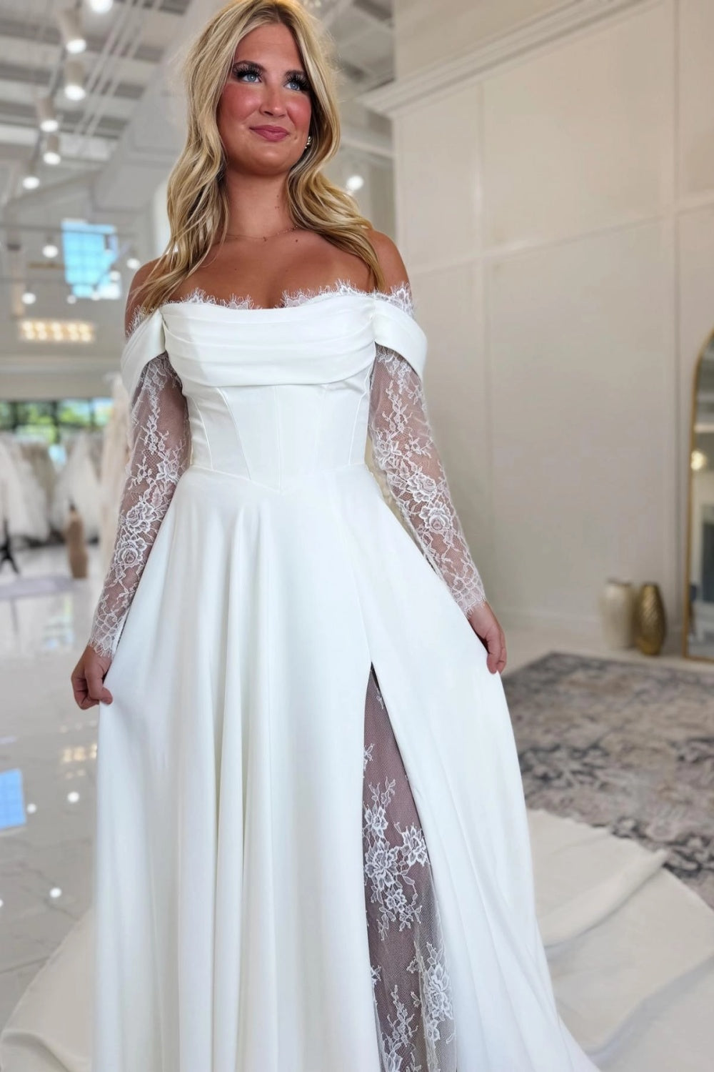 Off-the-Shoulder Satin Wedding Dress Aline Long Sleeves Lace Bridal Dress with Split